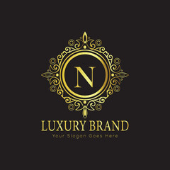 Letter Luxury brand logo design with a royal gold crown emblem and elegant typography
