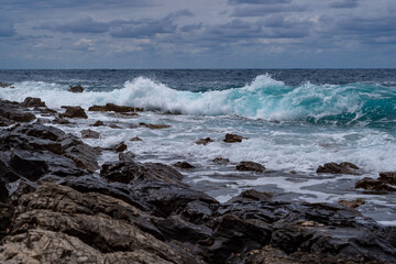 Waves breaking on the rocky coast of Dubrovnik, Croatia