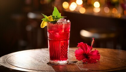 hibiscus lemonade drink is at the table in an costly bar or eating place a picture for the menu or recipe