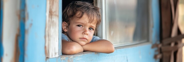 Obraz premium Child gazes out of a window alone, longing for connection as busy lives create distance in family relationships