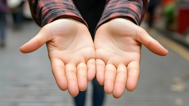 Open hands, palms up, offering gesture.  A close-up shot showing outstretched hands in a gesture of giving, receiving, or asking.