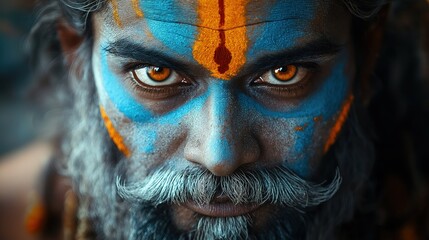 Close-up photo of Hindu deity Brahma. Face painted with vibrant colours. Intense eyes suggest divine presence. Indian culture, spirituality. Sacred art form. Religious beliefs in Hinduism. Ancient