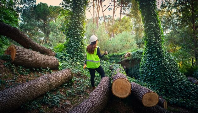 okologische baumstamme im wald gefallt vom forster schoner gruner natur hintergrund mit efeu
