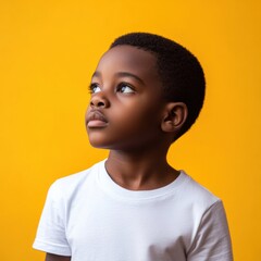 a young boy looks off into the distance against a yellow backdrop