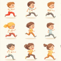 Children Running Happily in Various Playful Poses and Colorful Outfits in a Dynamic, Joyful Illustration