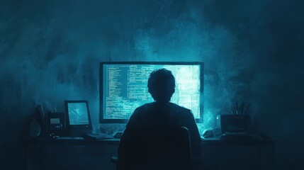 In a darkened room, a person concentrates on programming as the glow from the computer screen illuminates their face. The atmosphere is focused and quiet, highlighting their dedication