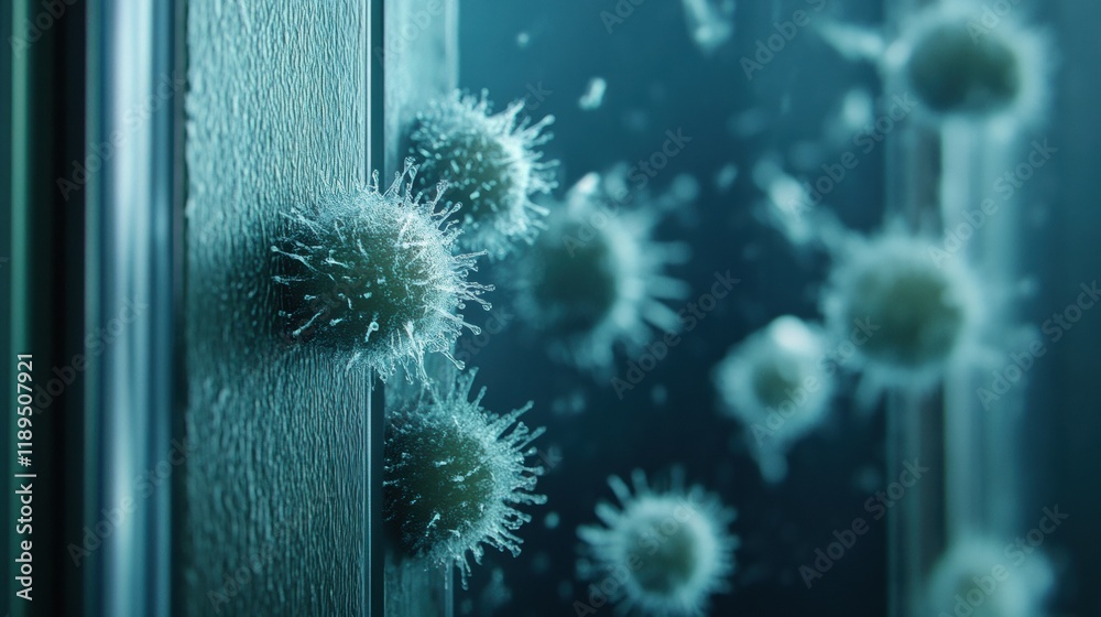 Poster exploring the hidden world of microbes on common surfaces like door handles and smartphones. generat