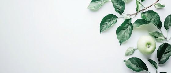 a green apple with leaves on a white background