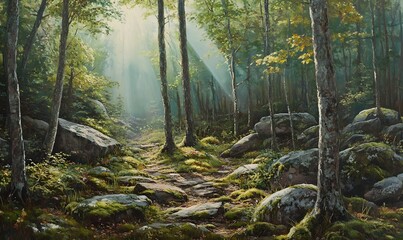 Obraz premium Sunbeams illuminate a mossy forest path winding through rocks and trees.