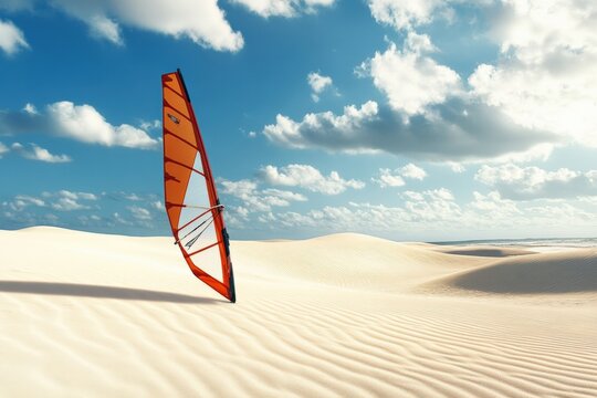 A windsurfing sail propped against sand dunes. free copy space.