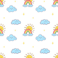 Fototapeta premium Trendy seamless pattern with cute weather elements sun, rainbow, clouds. Vector illustration for wrapping and textile