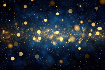 Fototapeta premium Abstract luminous background with golden and blue bokeh in darkness, representing magic and illumination with light effects.