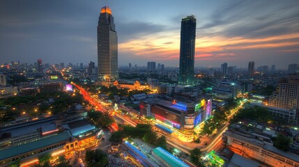 Fototapeta premium Stunning Night View of Cityscape with Skyscrapers and Illuminated Streets