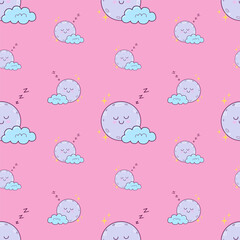 Vector seamless pattern for children with cute character of cloudy moon on pink background. kids background for wrapping
