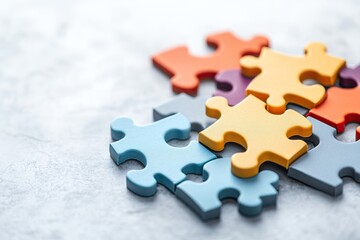 Obraz premium symbolic depiction of interconnected puzzle pieces in diverse colors placed neatly on smooth white surface