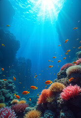 Coral reef with colorful fish swimming among the corals