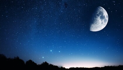 starry night with half moon in dark blue sky darkish blue night sky with lots of stars and a 1/2 moon