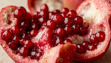 Freshly peeled pomegranate seeds glistening with juice on a white background creating a jewel like texture