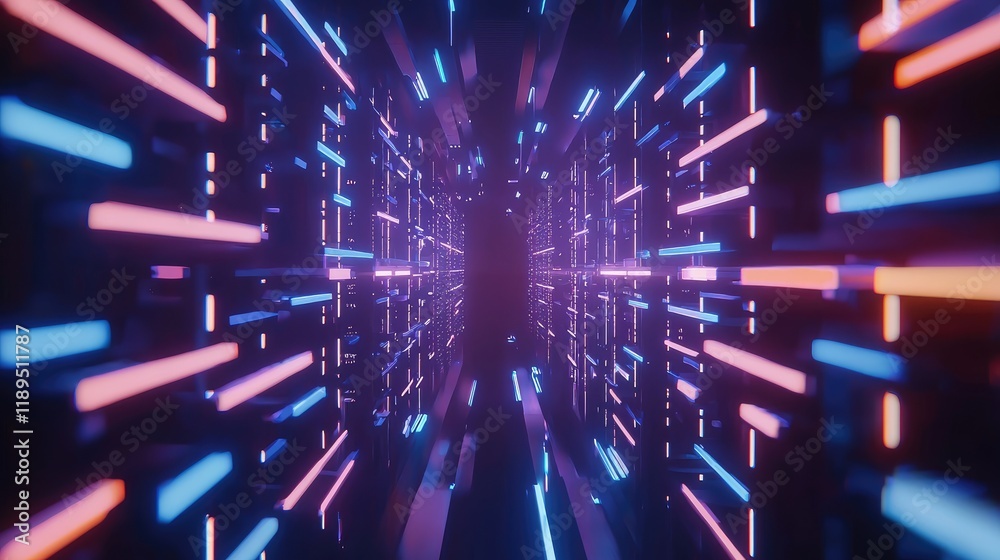 Poster A 3D render of an abstract futuristic background featuring neon light lines forming a tunnel of data, evoking a high-tech data center or server environment. Perfect for technology, data flow