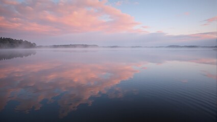 Fototapeta premium Tranquil sunrise scene with misty lake reflections of pink clouds