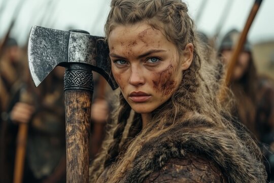 Determined woman Viking Shieldmaiden in Battle Stance with Axe