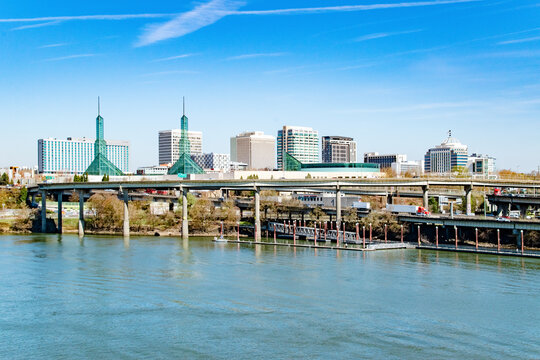 Panorama Skyline of Portland, Oregon With Lloyd Center along Willamette River