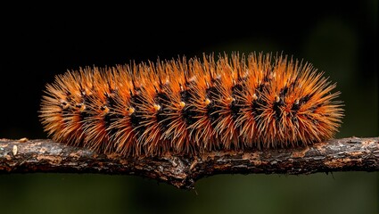 Vibrant orange and black woolly caterpillar on twig with soft glowing hairs and rough texture