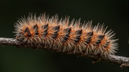 Vibrant orange and black woolly caterpillar on twig with soft glowing hairs and rough texture