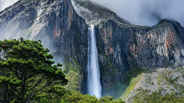 Breathtaking waterfall cascades from the high cliffs of Mount Ow in a dramatic landscape, Amazing waterfall falls from high cliff of mount Owen Tasmania nature