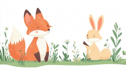 Obraz premium Adorable Fox and Rabbit Characters in Beautiful Landscape Setting