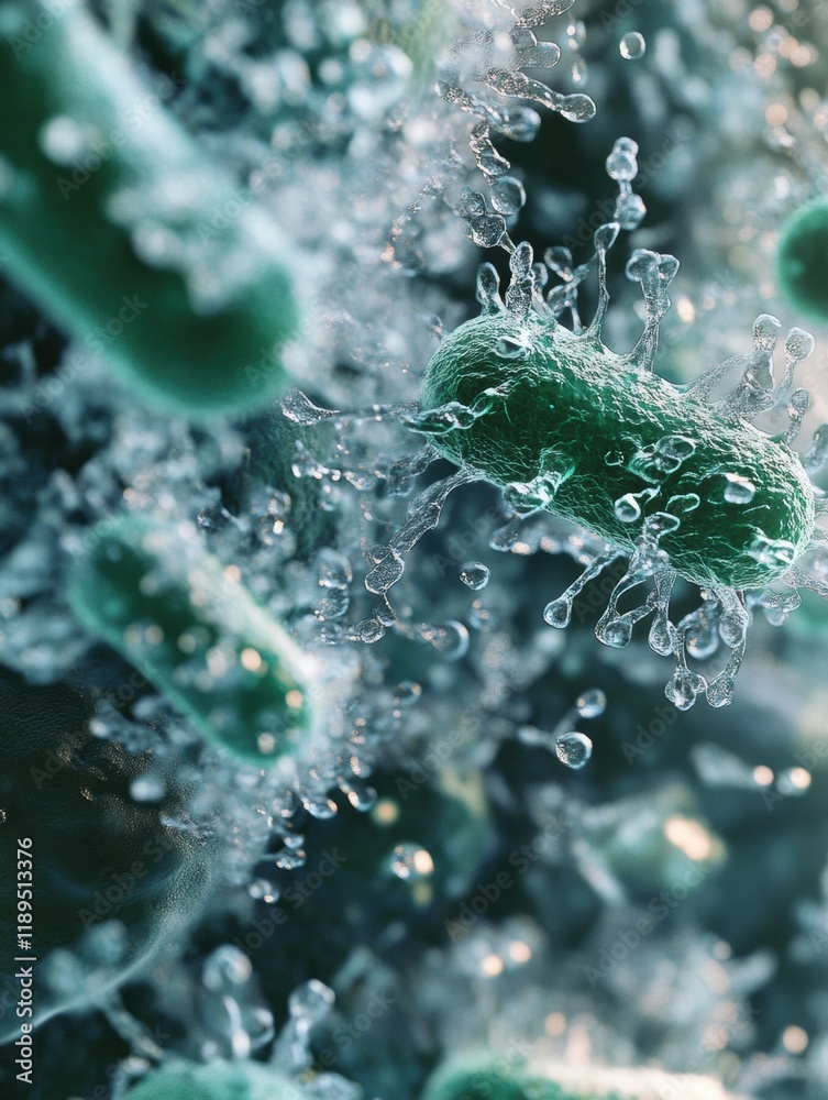 Poster close look at microbes thriving on everyday surfaces like door handles and smartphones in urban envi