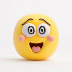Excited yellow emoji with wide eyes, rosy cheeks, and a surprised expression, conveying joy and astonishment, isolated on white background