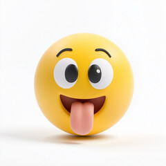 Playful yellow emoji with wide open eyes and a tongue-out expression, radiating joy and silliness, isolated on a white background