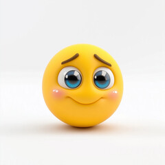 Fototapeta premium Yellow emoji with soft blue eyes, rosy cheeks, and a gentle smile, radiating warmth and kindness, isolated on a white background