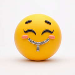 Fototapeta premium Laughing yellow emoji with a zipper mouth, rosy cheeks, and a joyful expression, symbolizing humor and controlled laughter, isolated