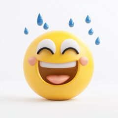 Cheerful yellow emoji with tears of joy, a wide grin, and rosy cheeks, expressing extreme happiness, isolated on a white background