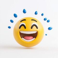 Fototapeta premium Yellow emoji with tears of laughter, wide-open mouth, and rosy cheeks, radiating contagious joy and humor, isolated on white