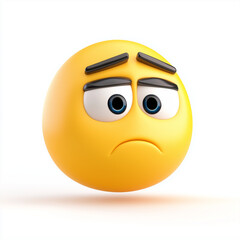 Yellow emoji with raised eyebrows and a sad frown, expressing disappointment and sorrow, isolated on white