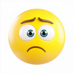 Fototapeta premium Sad yellow emoji with downturned mouth and blue eyes, expressing sadness and disappointment, isolated on white