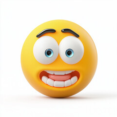 Fototapeta premium Nervous yellow emoji with a crooked smile and wide open eyes, expressing unease and awkwardness, isolated on white