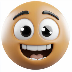 Brown emoji with big wide eyes, rosy cheeks, and a happy open-mouth smile, radiating joy and warmth, isolated on white