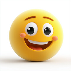 Fototapeta premium Cheerful yellow emoji with big bright eyes, a raised brow, and a wide smile, expressing happiness and excitement, isolated on white