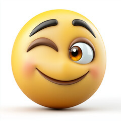 Fototapeta premium Winking yellow emoji with one closed eye, rosy cheeks, and a playful smile, expressing charm and confidence, isolated on white