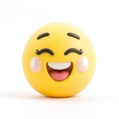 Fototapeta premium Cute yellow emoji with rosy cheeks, closed eyes, and a big open-mouth smile, radiating sweetness and happiness, isolated on white