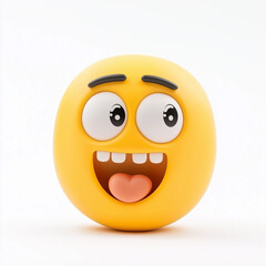Fototapeta premium Happy yellow emoji with wide open eyes, raised brows, and a big open-mouth smile, expressing joy and excitement, isolated on white