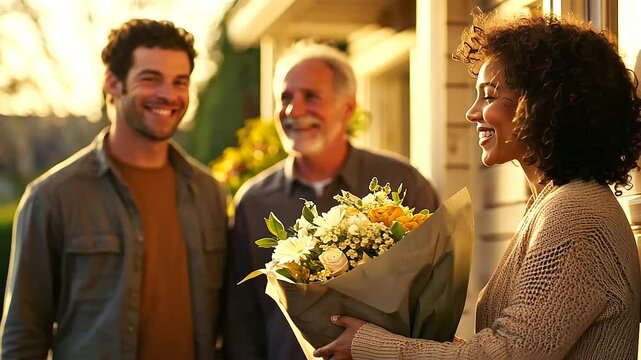 Young Man Presents Flowers to Partner's Mother at Suburban Home