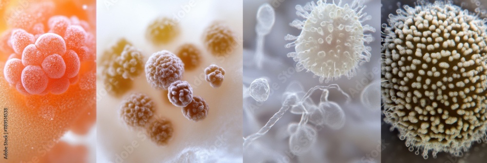 Poster close up view of microbes on everyday surfaces like door handles and smartphones under high magnific
