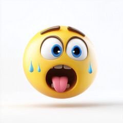 Fototapeta premium Yellow emoji with wide teary eyes, open mouth, and tongue sticking out, expressing shock and sadness, isolated on white