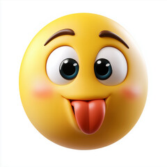 Fototapeta premium Playful yellow emoji with tongue sticking out, rosy cheeks, and wide eyes, radiating mischief and fun, isolated on white