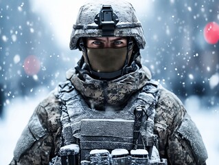 Naklejka premium A man in a military uniform holding a rifle in the snow